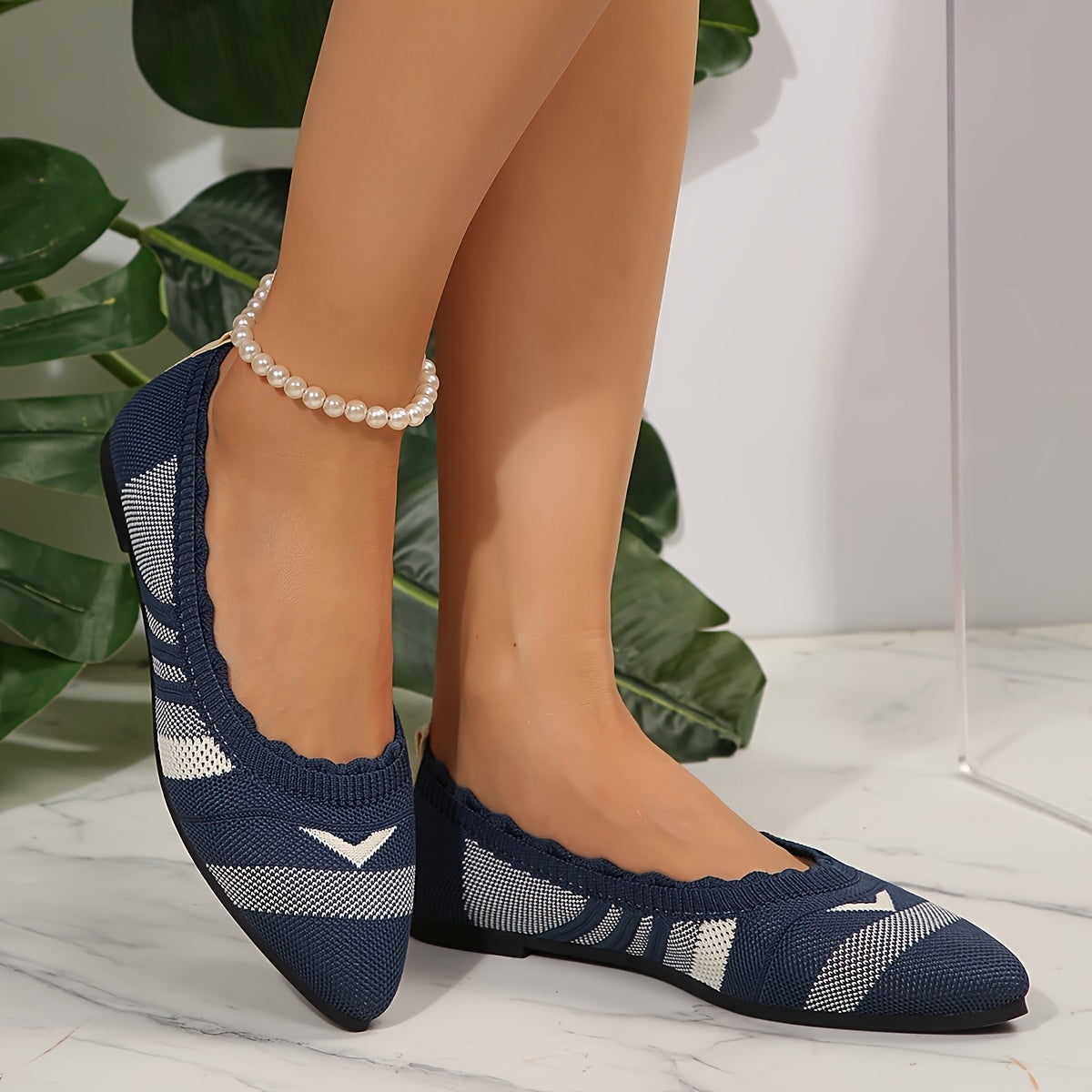 Women's Navy White Striped Mary Jane Flats Slip-On Pointed Toe Casual Shoes