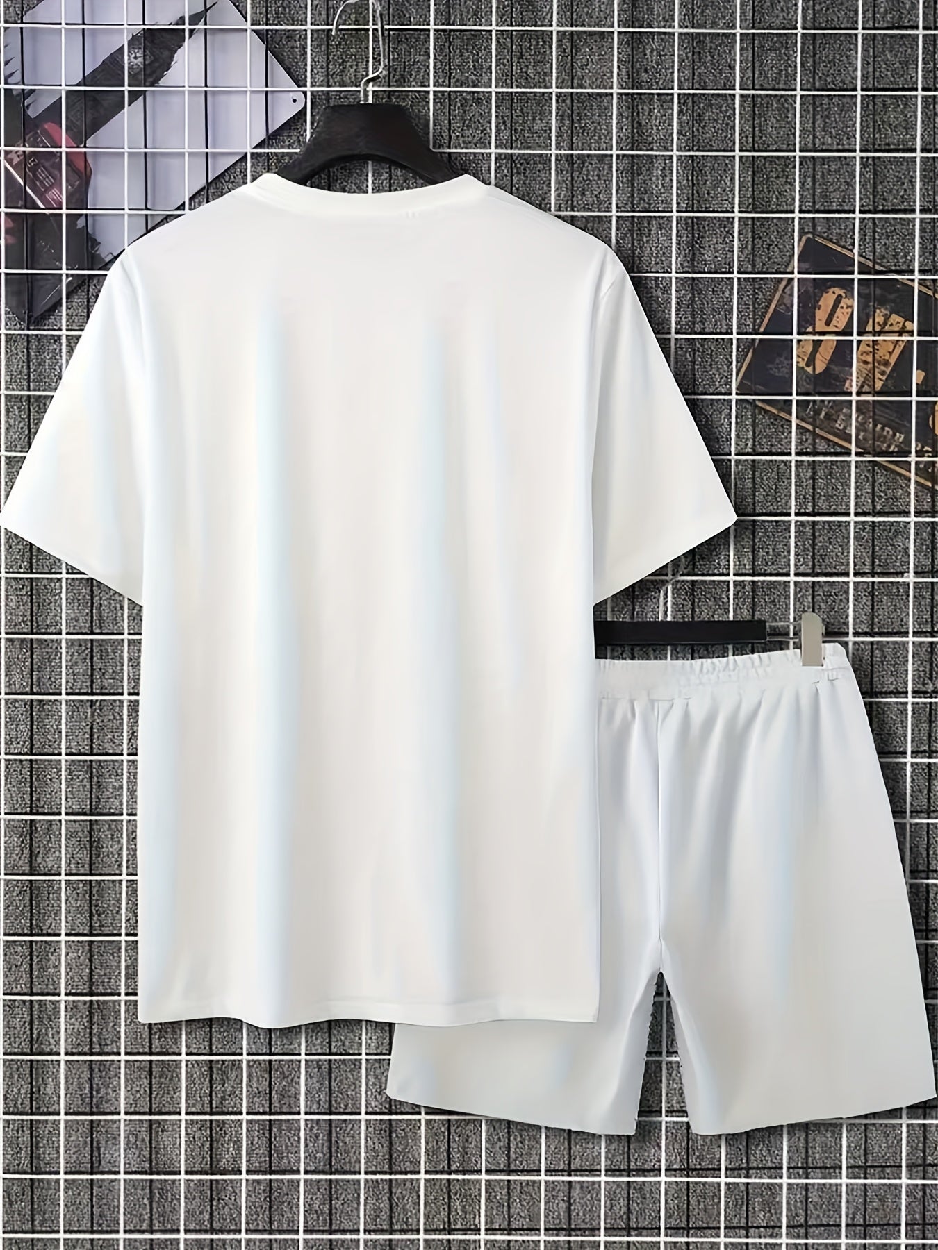 Men's Short-Sleeve Pajama Set with Geometric Pattern Polyester Spandex for All Seasons