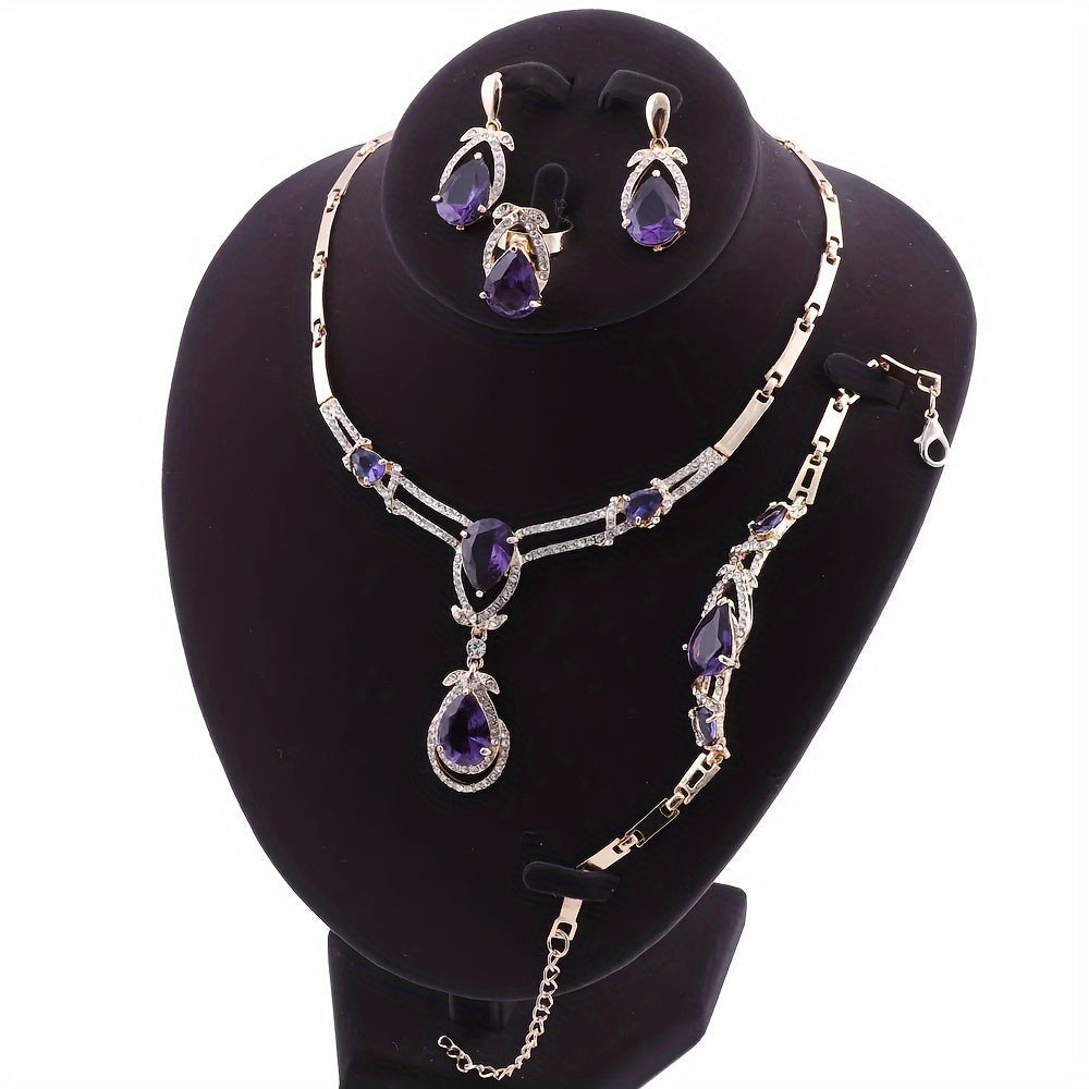 Women's Purple Gold Synthetic Zircon Jewelry Set Necklace Bracelet Earrings Ring for Parties Bridal