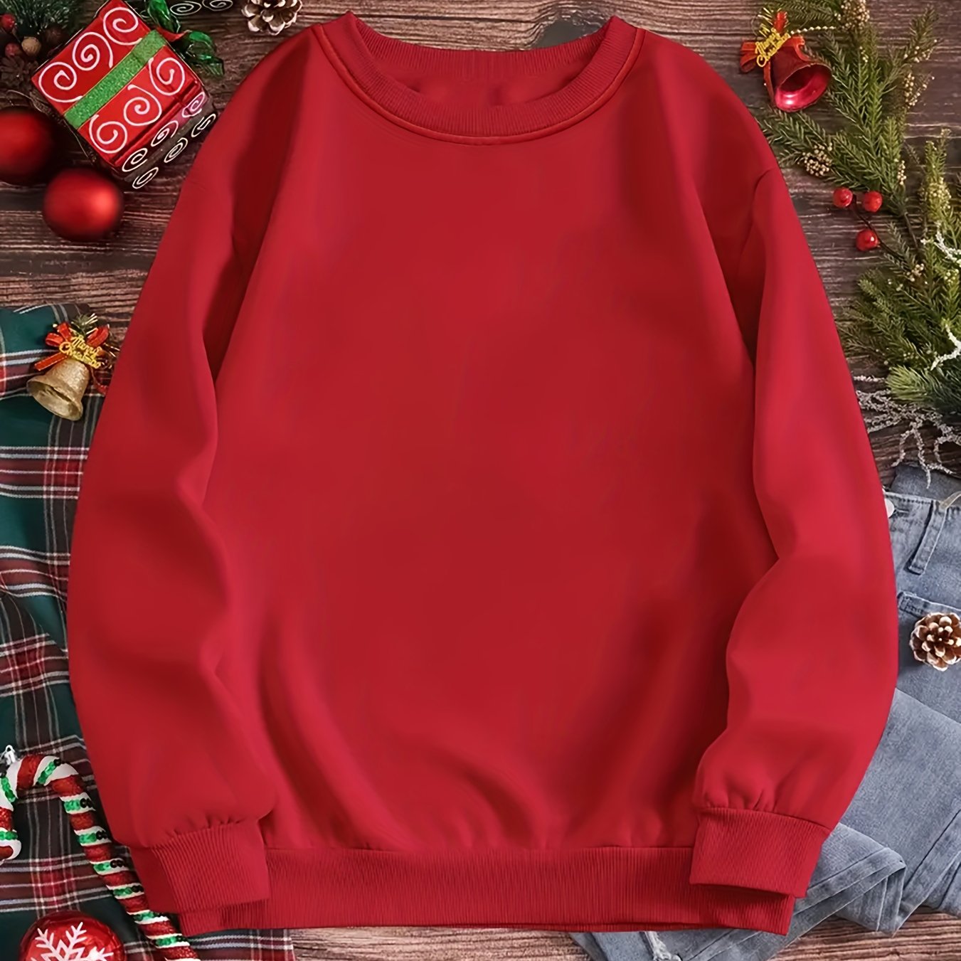 Ayollar uchun kattaroq o'lchamda qizil crewneck svitshot 180gsm polyester qishda pullover
