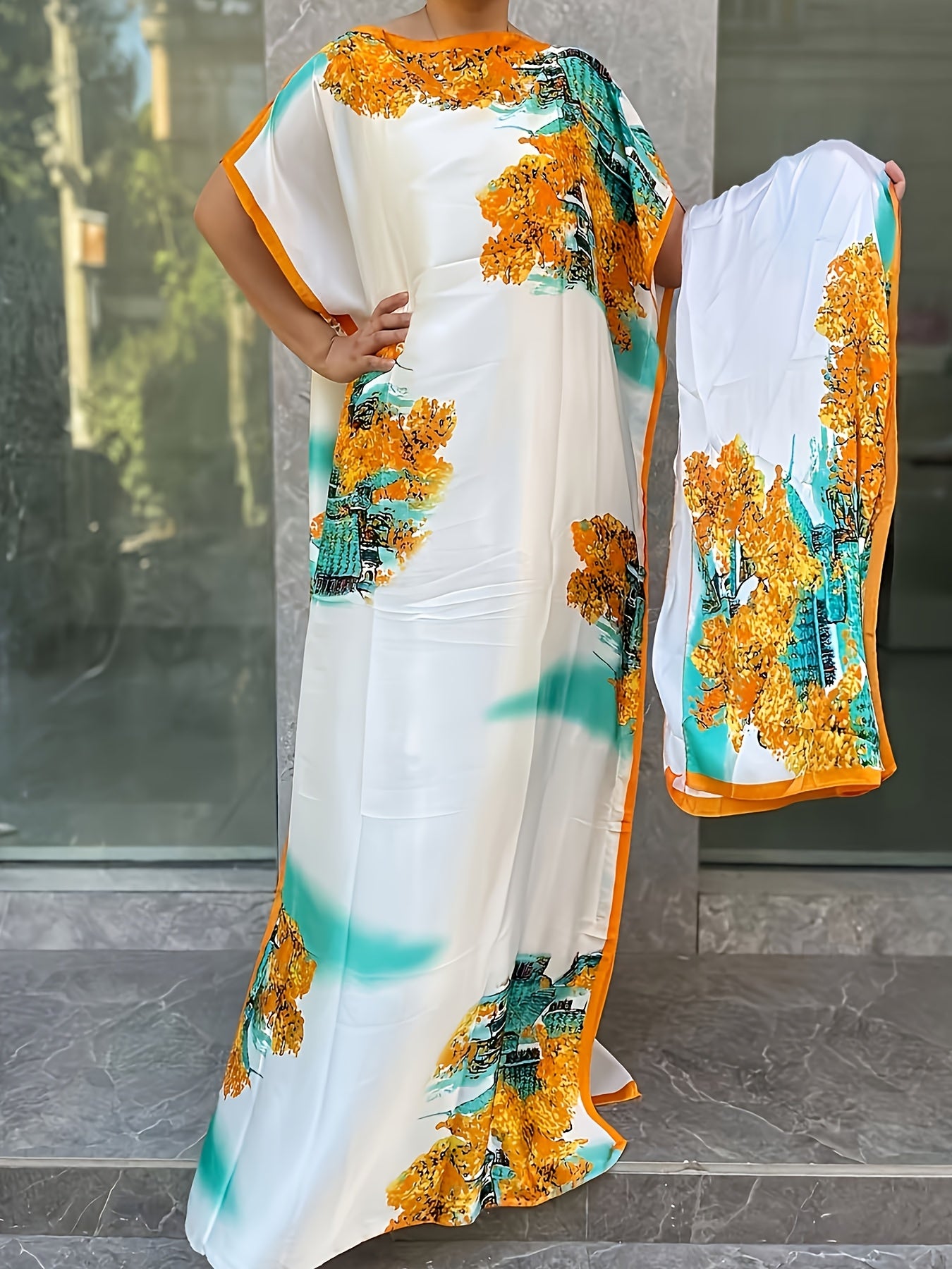 Plus Size Floral Print Longline Dress Polyester Batwing Sleeves Tassel Scarf