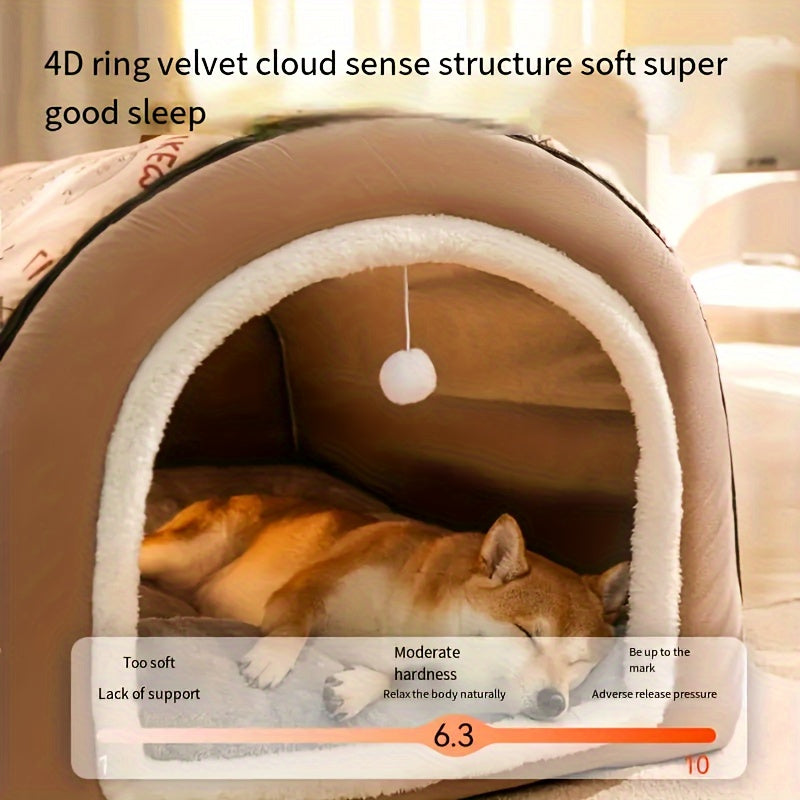 Двухвостный съемный питомник из фланели с шарообразным подвесом, подходящий для собак и кошек в качестве гнезда или укрытия, с ручкой и доступный в различных размерах для удобства.