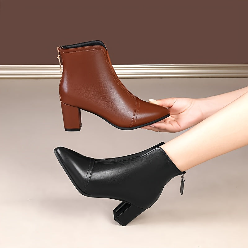 Women's Faux Leather Pointed Toe Chunky Heel Ankle Boots Brown Versatile