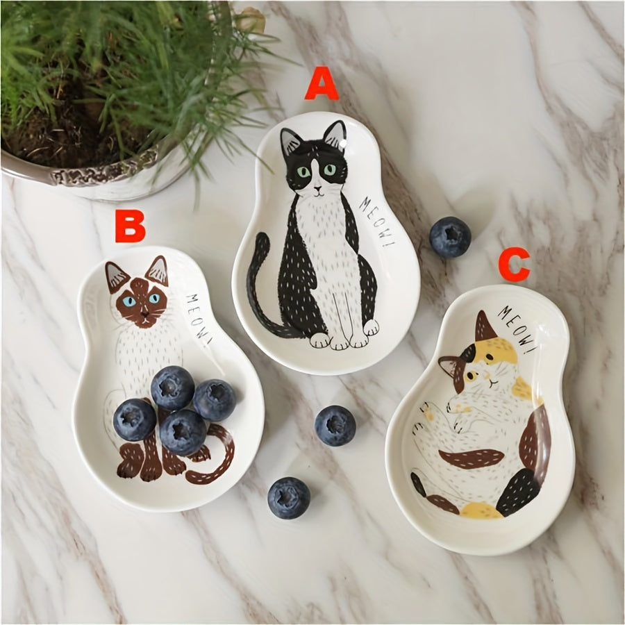 Ceramic Sauce Plate with Kitten Pattern Small Kitchen or Dorm Room Dish