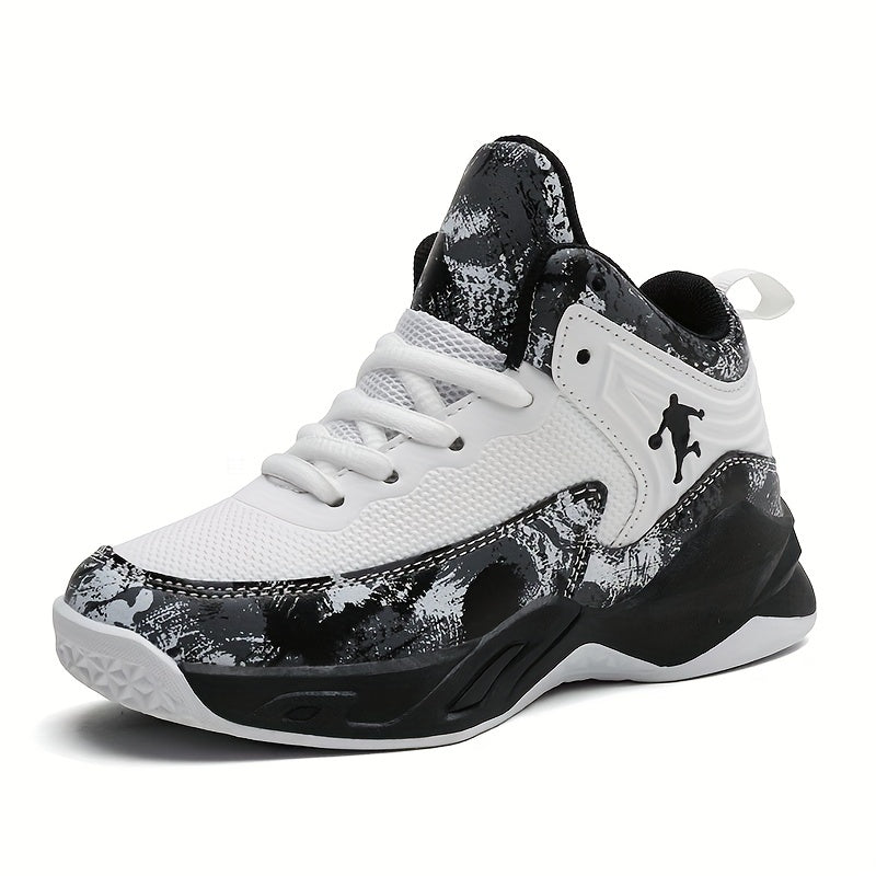 Youth Mid-Top Basketball Sneakers with Splatter Paint Design Durable PU Breathable Fabric Casual Outdoor Training