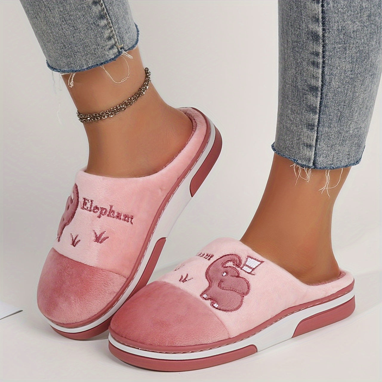 Women's Plush Slip-On Slippers with Elephant Cartoon Soft Fabric Grey Pink