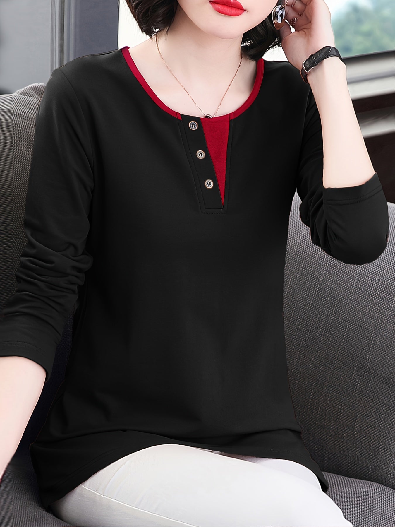 Deep Brown Long Sleeve T-Shirt for Women with Contrast Trim and Faux Button Detail Polyester Blend Spring Summer Elegant Korean Style