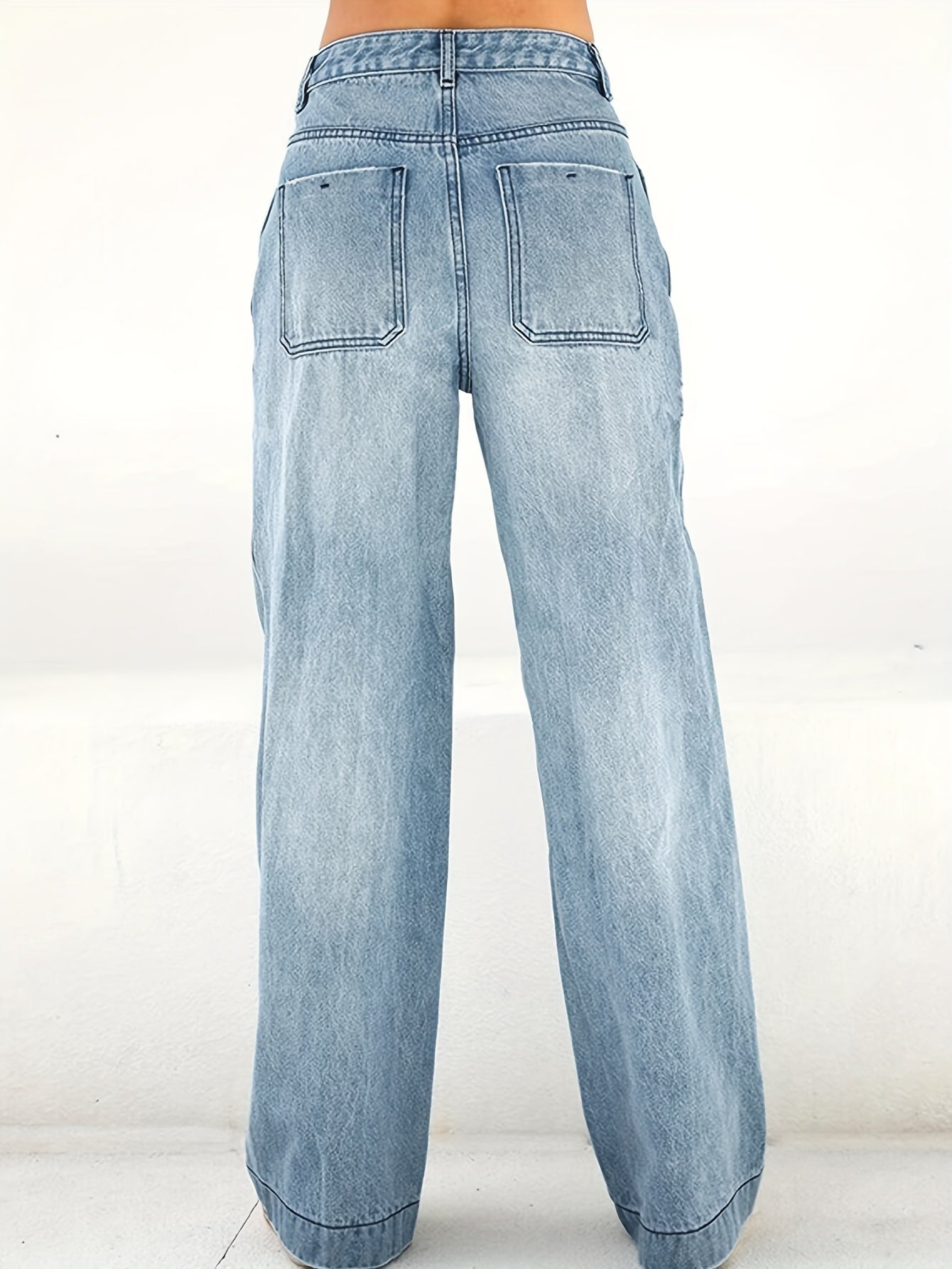 Women's Wide Leg Jeans in Washed Blue Denim Casual Long Fit