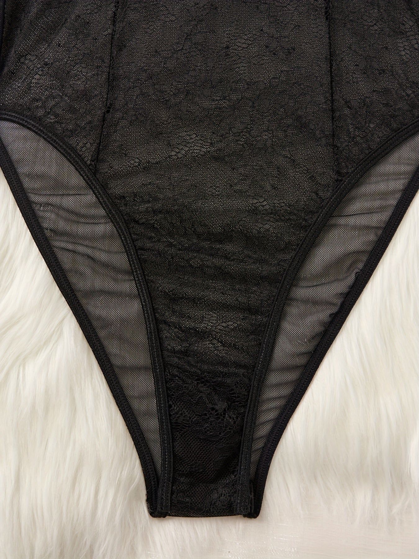 Women's Long Sleeve Mesh Teddy Lingerie with Lace Trim