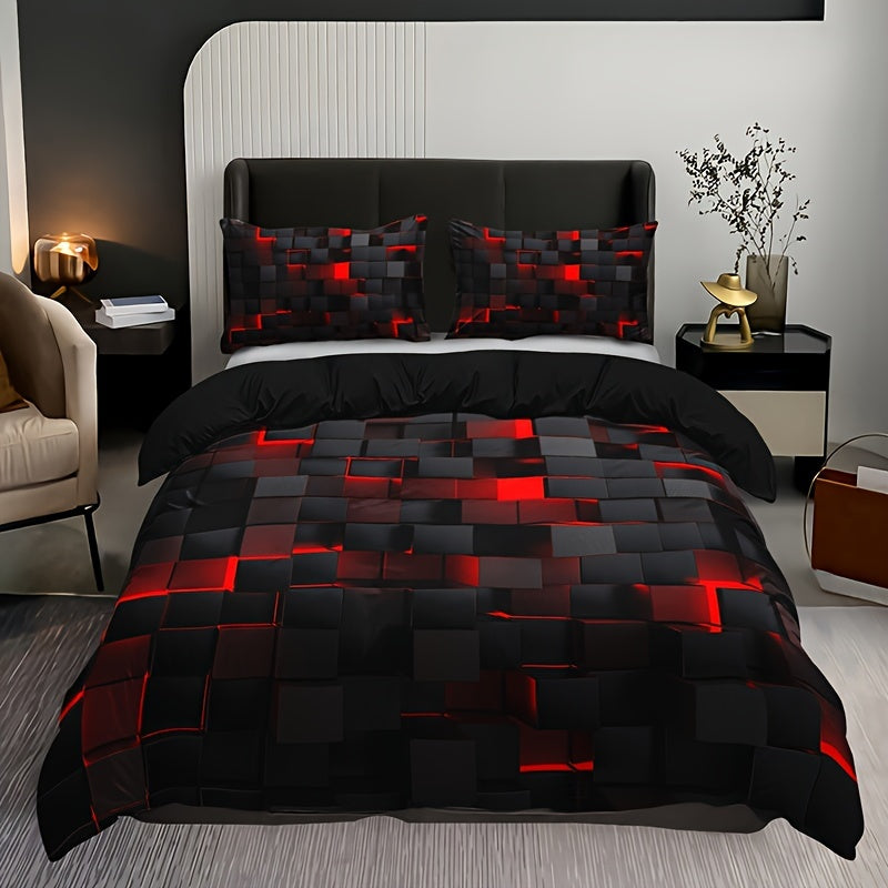 Grid Print Bedding Set 3-Piece Duvet Cover and Pillowcases for Bedroom or Guest Room
