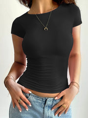 Women's Fitted Crew Neck Y2K T-Shirt Summer Solid Color Short Sleeve Polyester Elastane