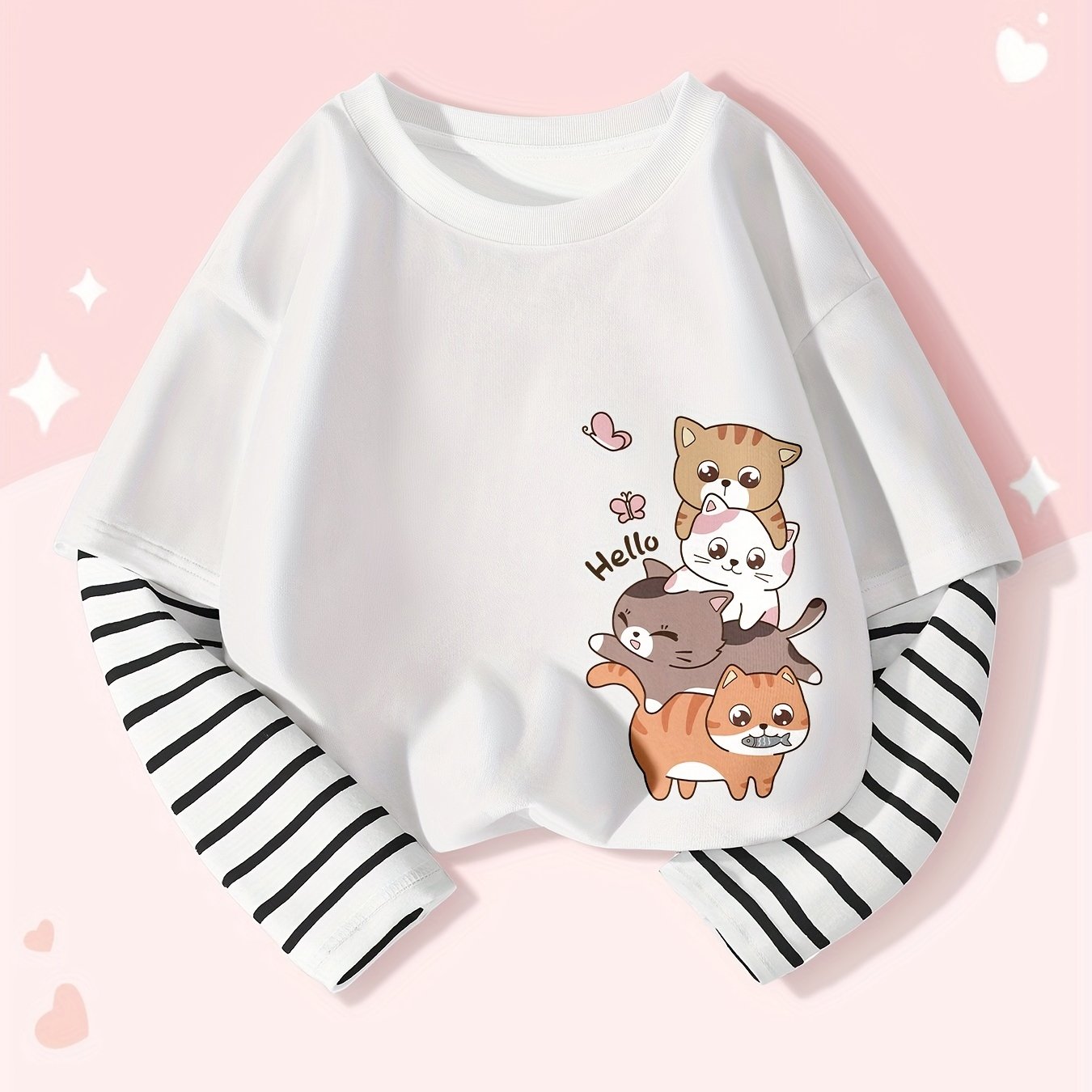 Girls Cotton Long-Sleeve T-Shirt with Cat Print and Striped Cuffs