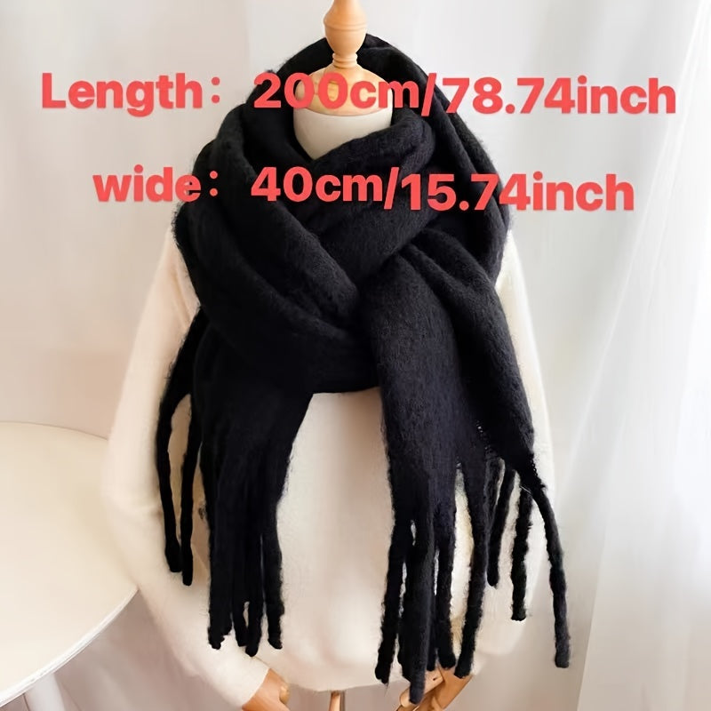 Bufanda de poliéster para mujer, cálida y a prueba de viento, de color sólido con flecos