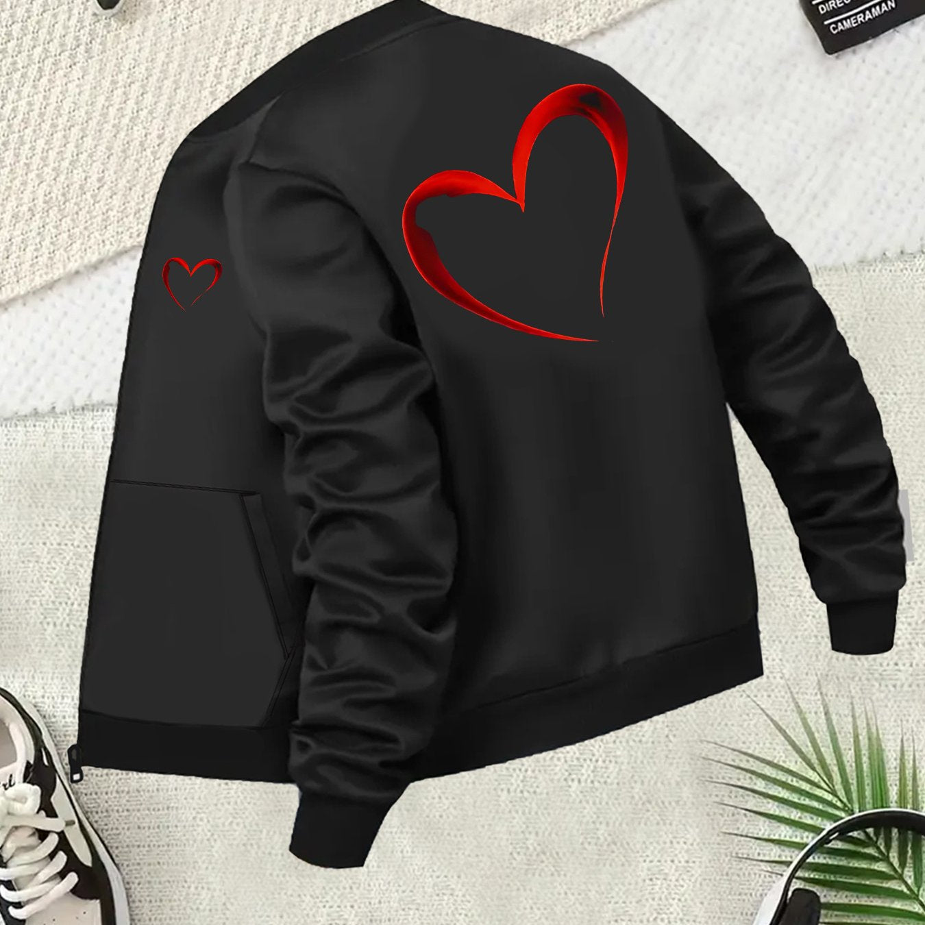 Women's Black Jacket with Red Heart Casual Baseball Collar Outerwear