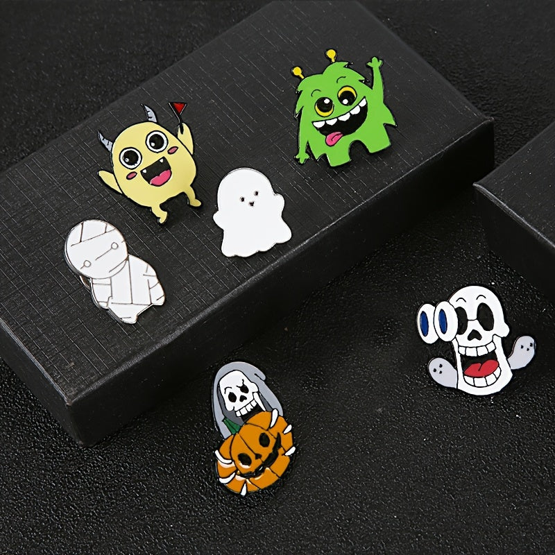 Hallowe'en multfilm alyuminiy pinlar to'plami, 6 dona emalli lapel nishonlari, ruh, mumiyo, qovoq bosh, sumkalar, shlyapa uchun