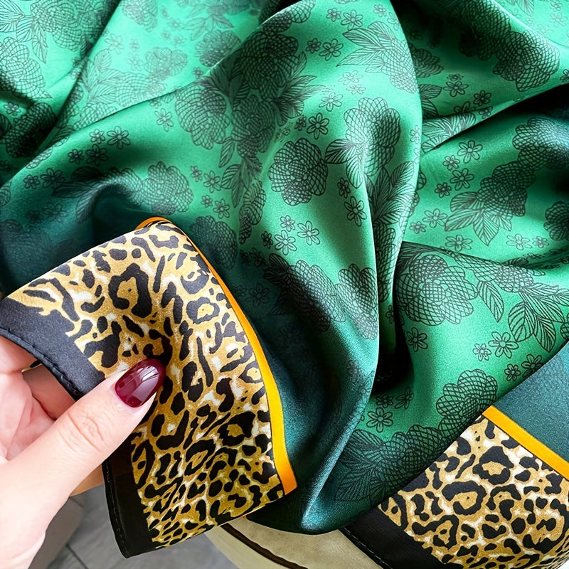 Leopard Print Flower Scarf Satin Green Sun Protection Windproof Accessory
