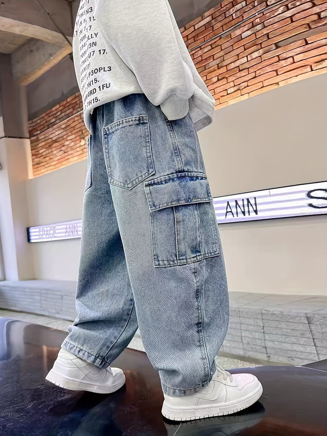 Boys' Denim Cargo Pants with Pockets Elastic Waist Loose Fit Casual Kids' Long Length