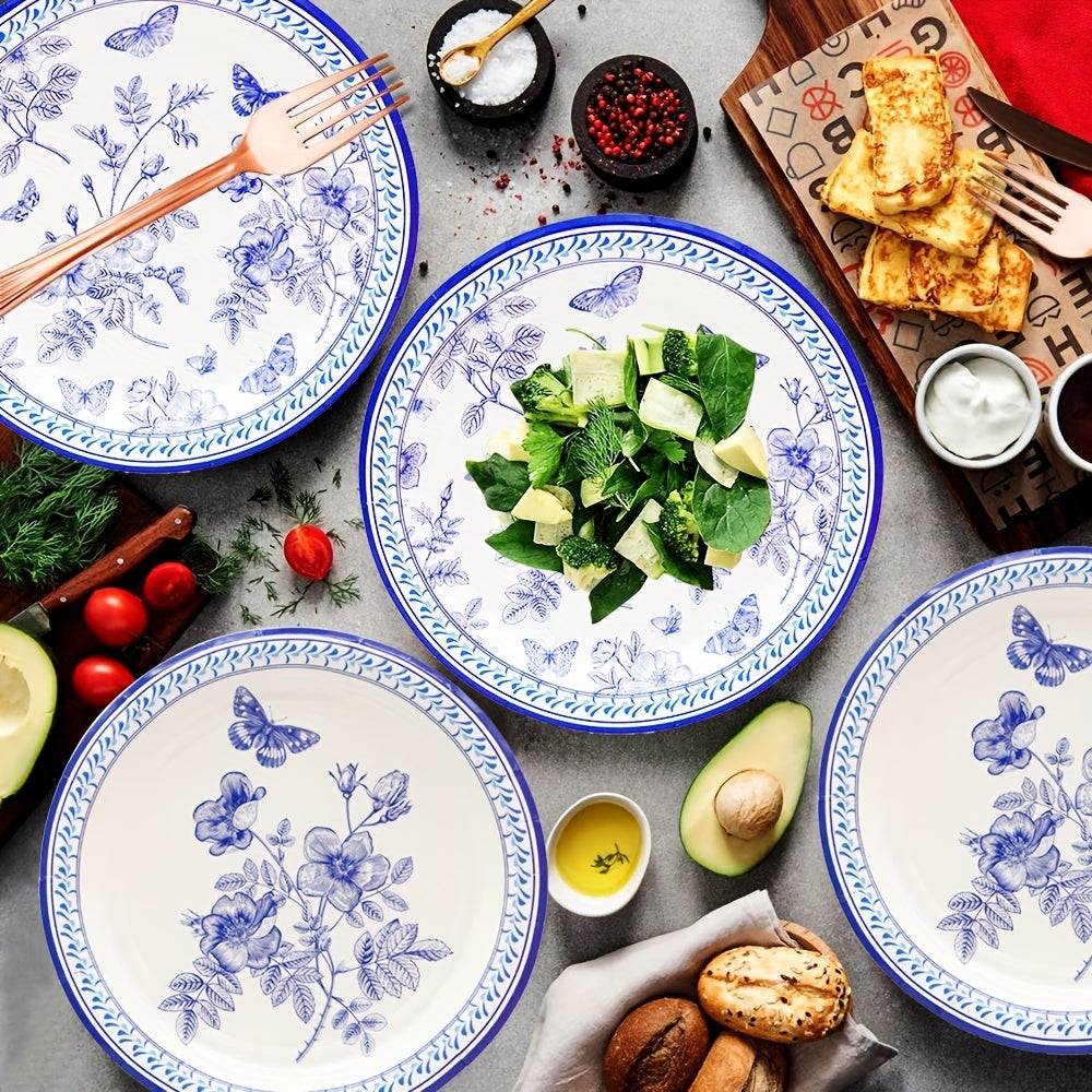 Blue and White Floral Party Supplies Set for Weddings and Events Includes Plates Napkins Cups