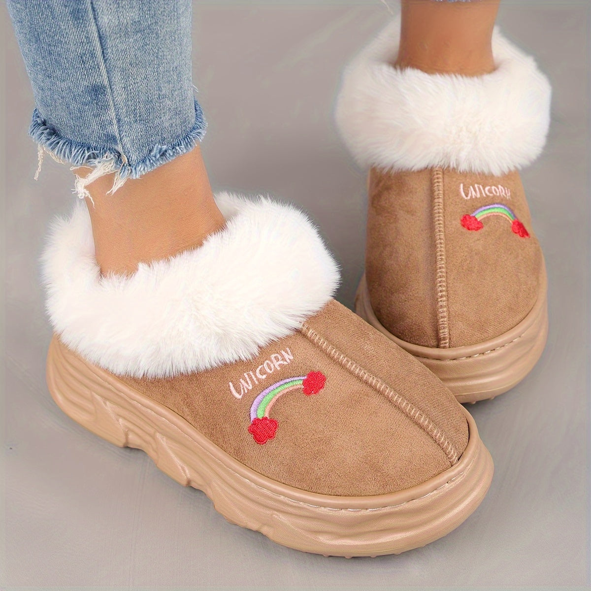 Unisex Short Snow Boots Warm Thick-Soled Winter Boots Rainbow Cartoon Black White