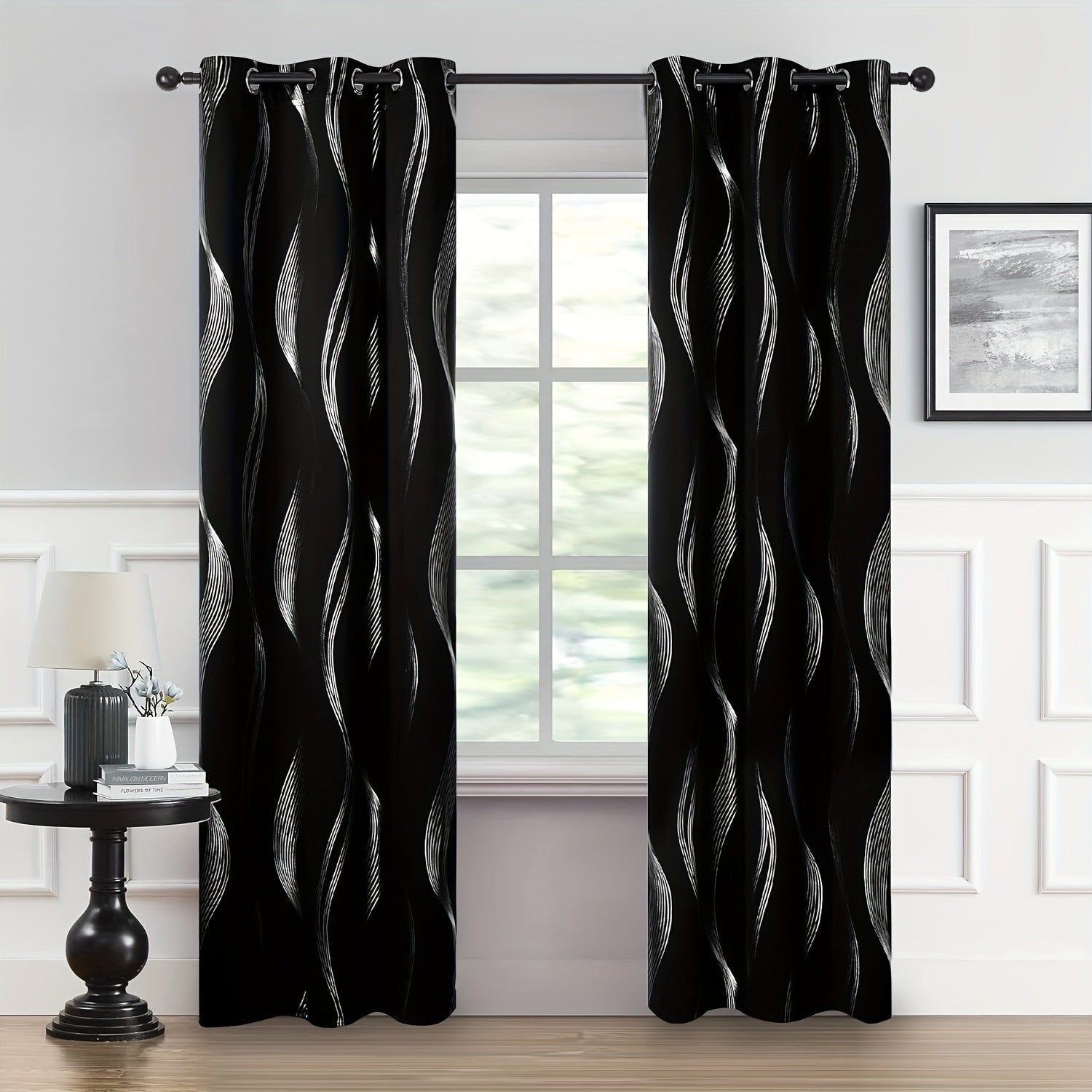 Contemporary Blackout Curtains 2 Pieces Woven Polyester Grommet Top Room Darkening