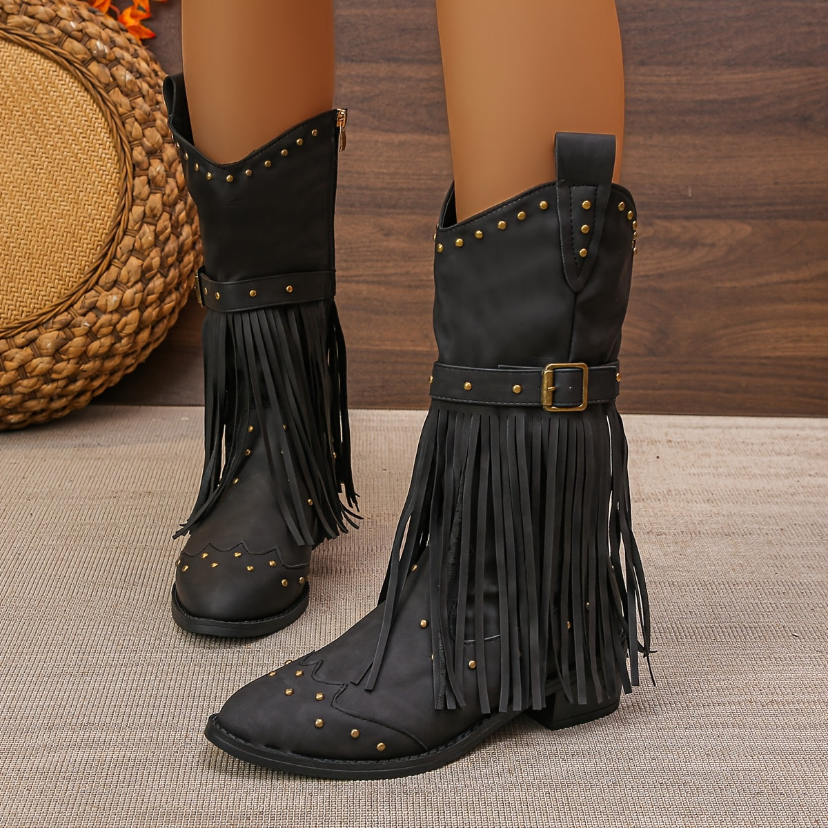 Women's Fashion Boots with PU Cover Chunky Heel Round Toe Treaded Decorations