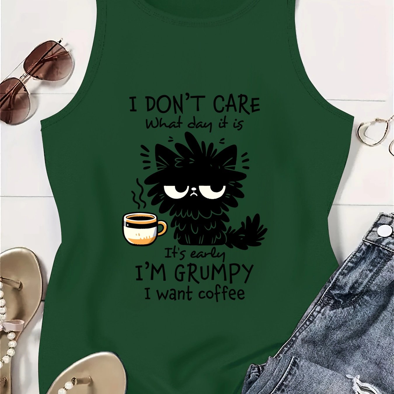 Plus Size Women's Black Cat Graphic Tank Top Breathable Sleeveless Shirt