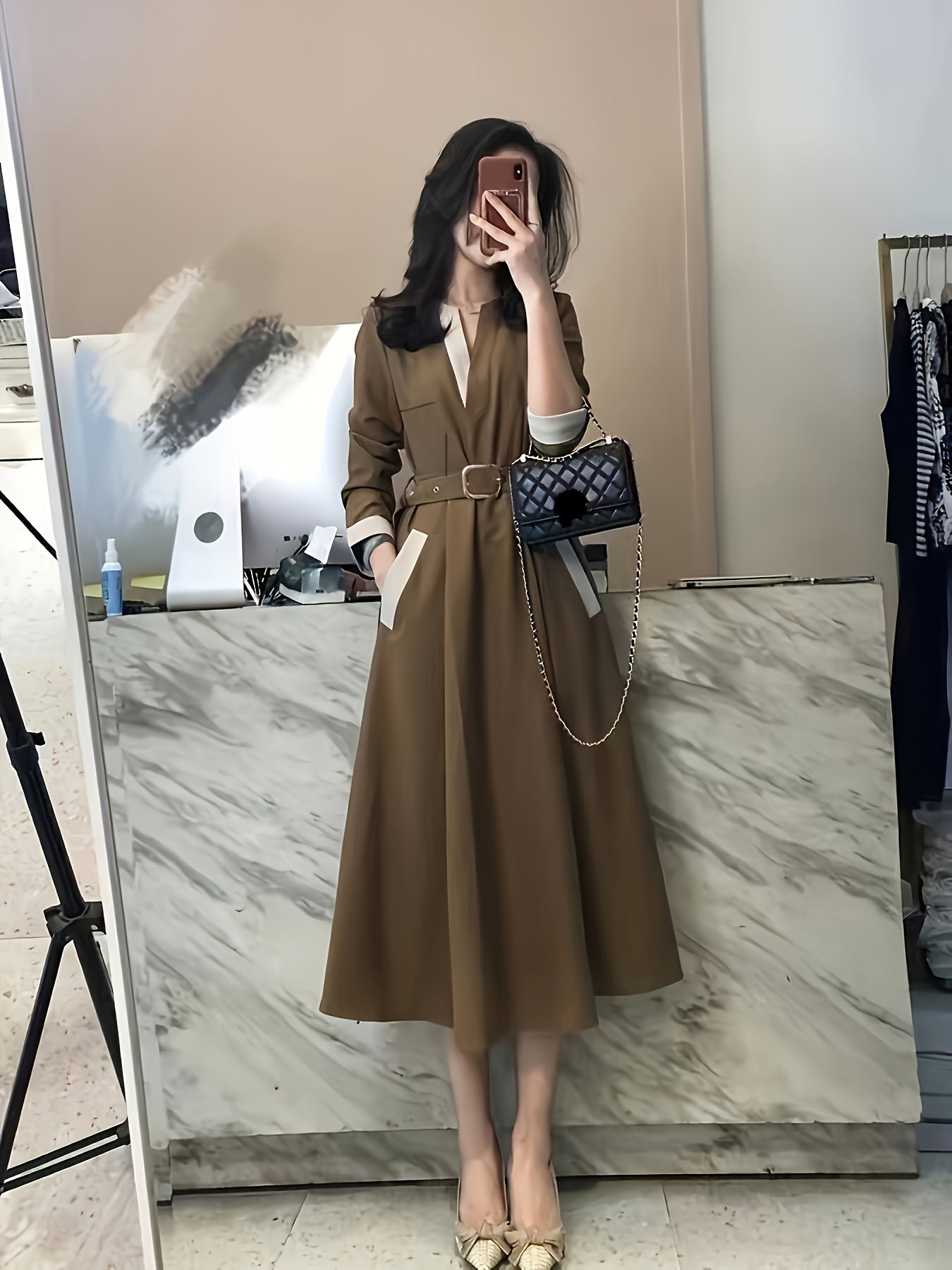 Women's Brown Polyester Midi Dress with V-Neck A-Line Belt for Spring Summer Fall