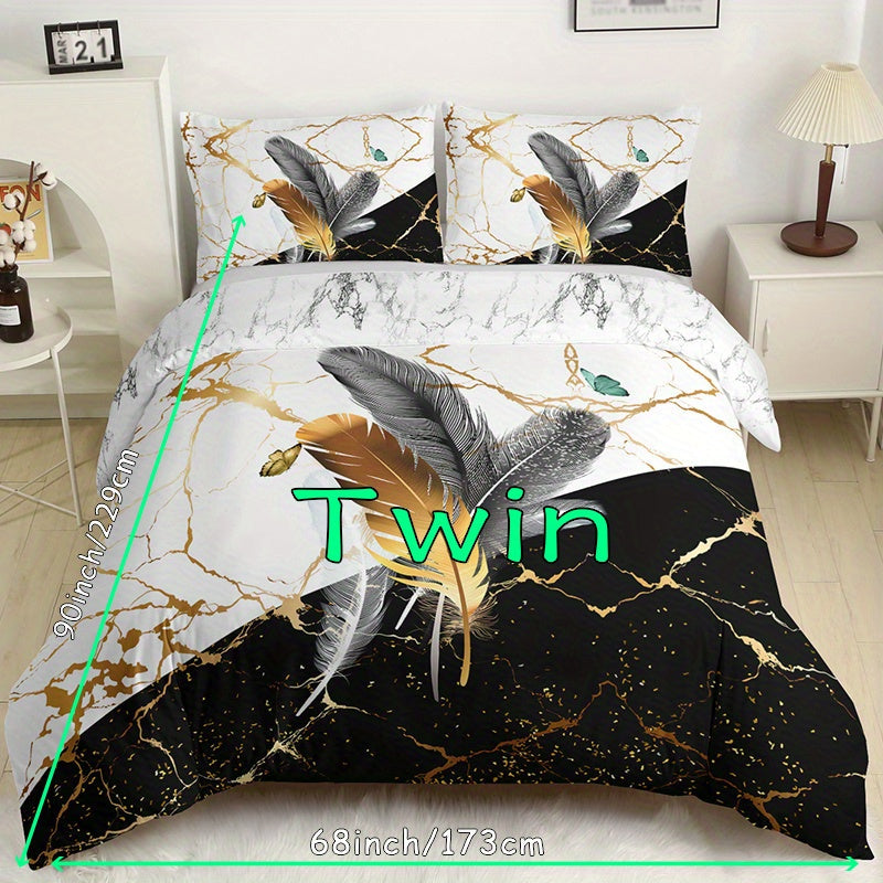 Duvet Cover Set with Marble Feather Print Soft Bedding for Bedroom and Guest Room