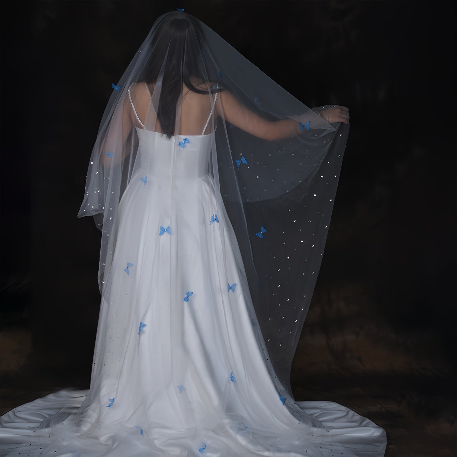 Bridal Veil Cathedral Style Nylon Rhinestone Blue Butterfly Wedding Accessory