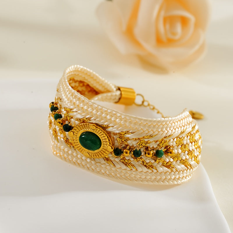 Gold Plated Titanium Steel Bracelet with Turquoise Bohemian Ethnic Woven Design for Women