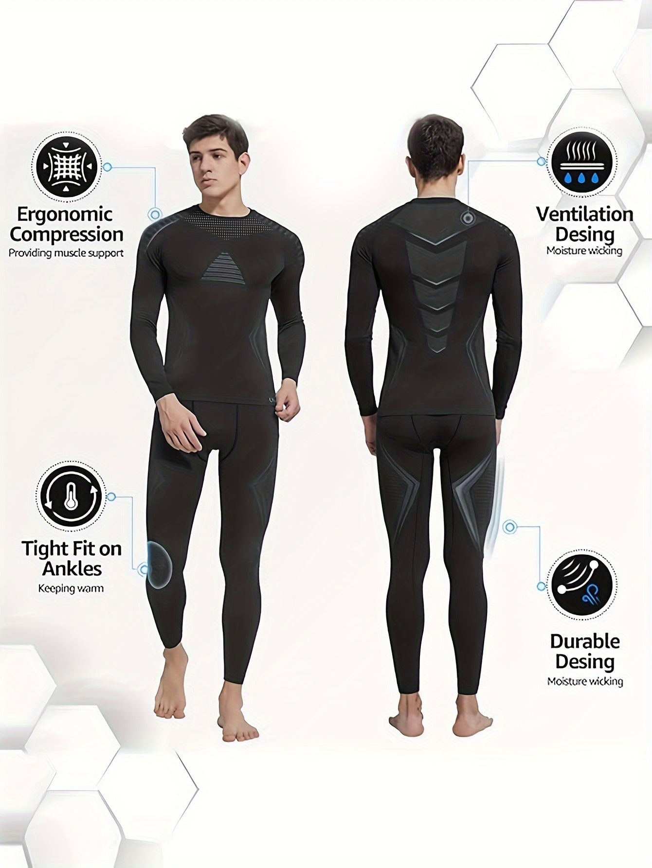 Conjunto térmico de compresión para hombre para otoño e invierno, parte superior y leggings con forro de felpa, poliéster de alta elasticidad