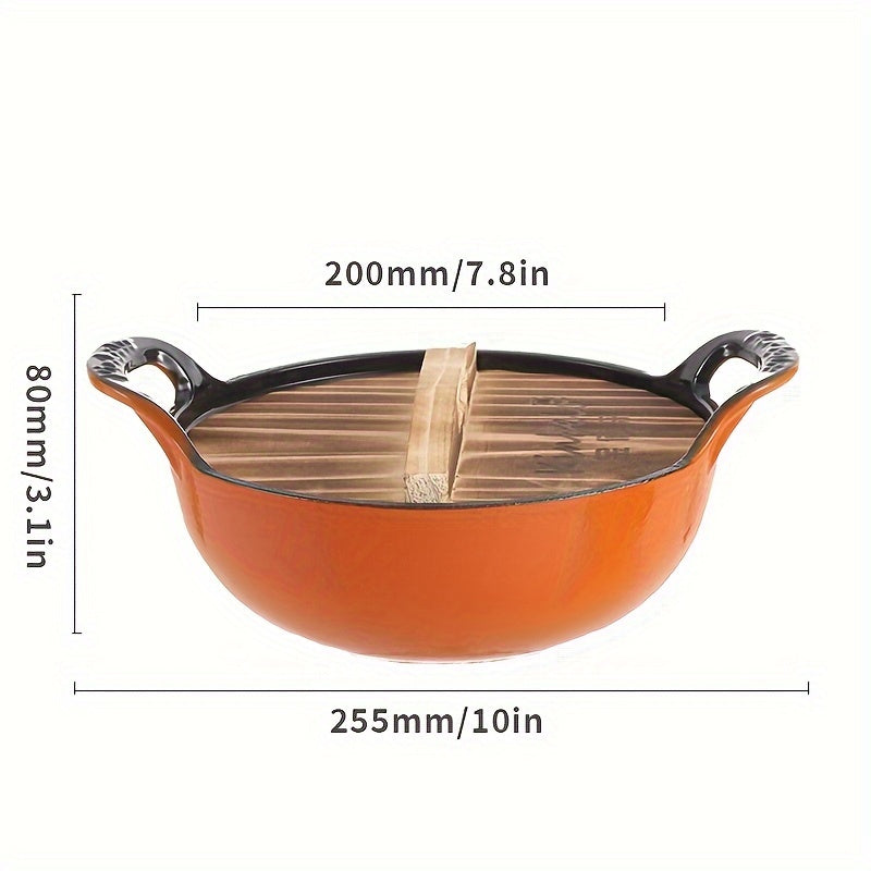 Large 47oz Enamel Cast Iron Dutch Oven with Wooden Lid Non-Stick Coating