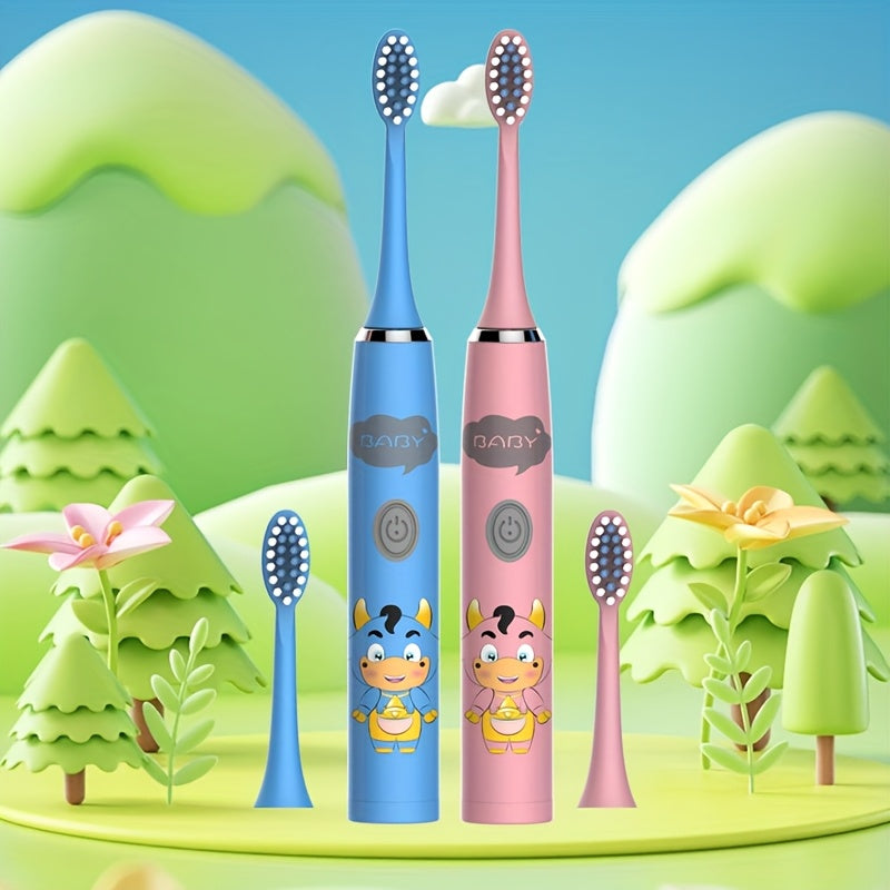 Электрическая зубная щетка для детей с 4 насадками, мягкая щетина, работает на батарейках