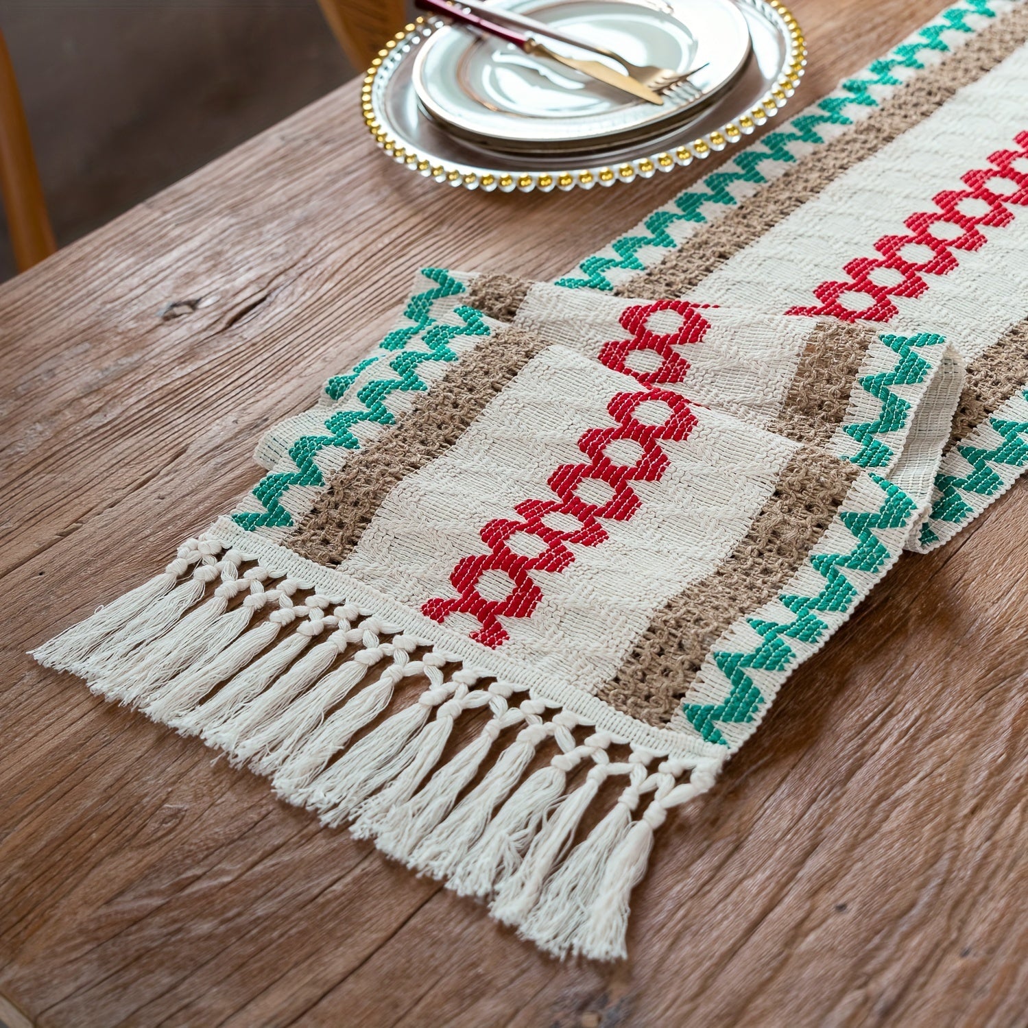 Boho Farmhouse Style Polyester Table Runner with Brown Macrame and Tassels for Holiday and Wedding Decor