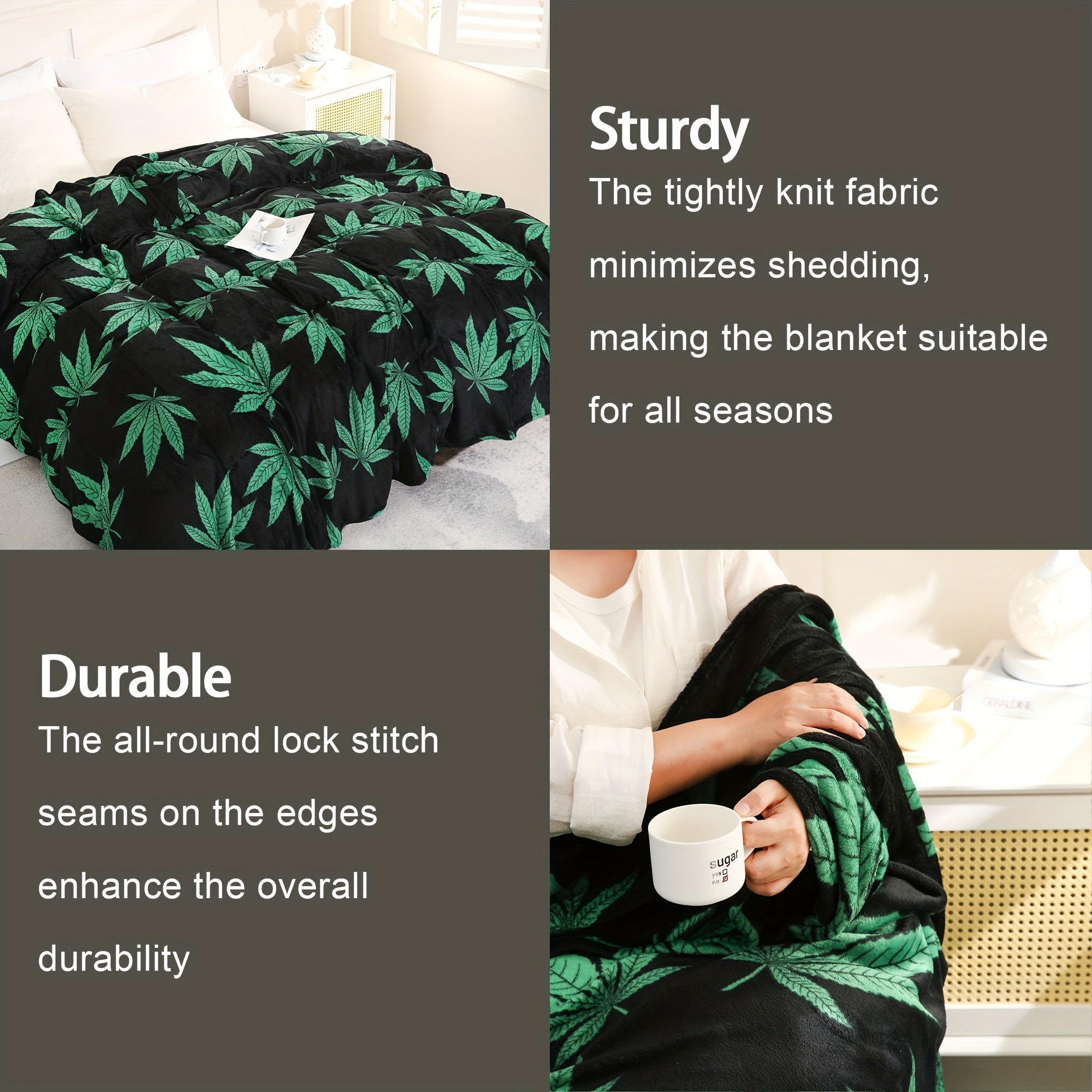 Rustic Style Flannel Blanket with Marijuana Leaf Print for Couch Bed and Travel