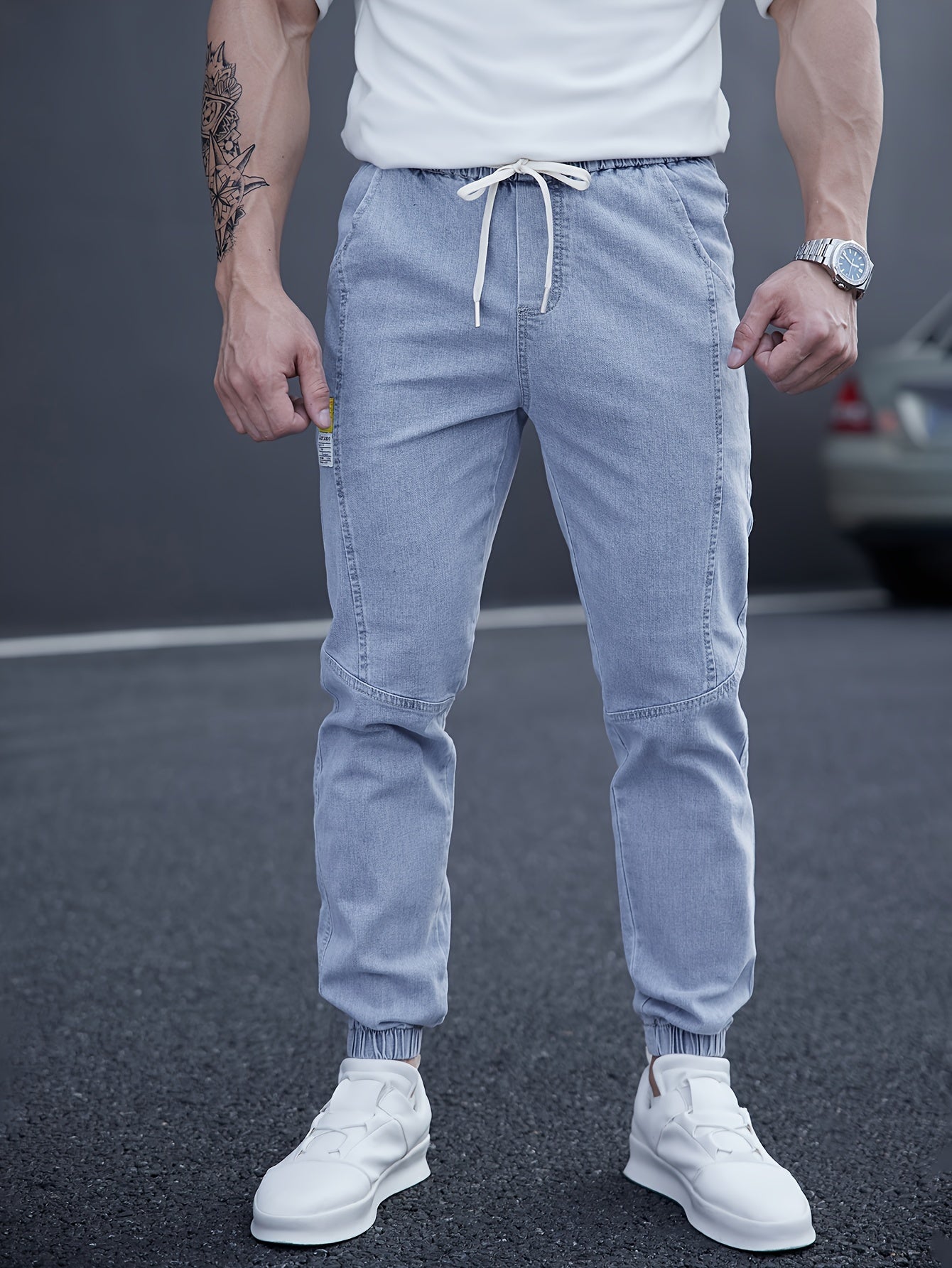 Men's Cropped Denim Tapered Jeans with Waist Drawstring Solid Color Regular Fit