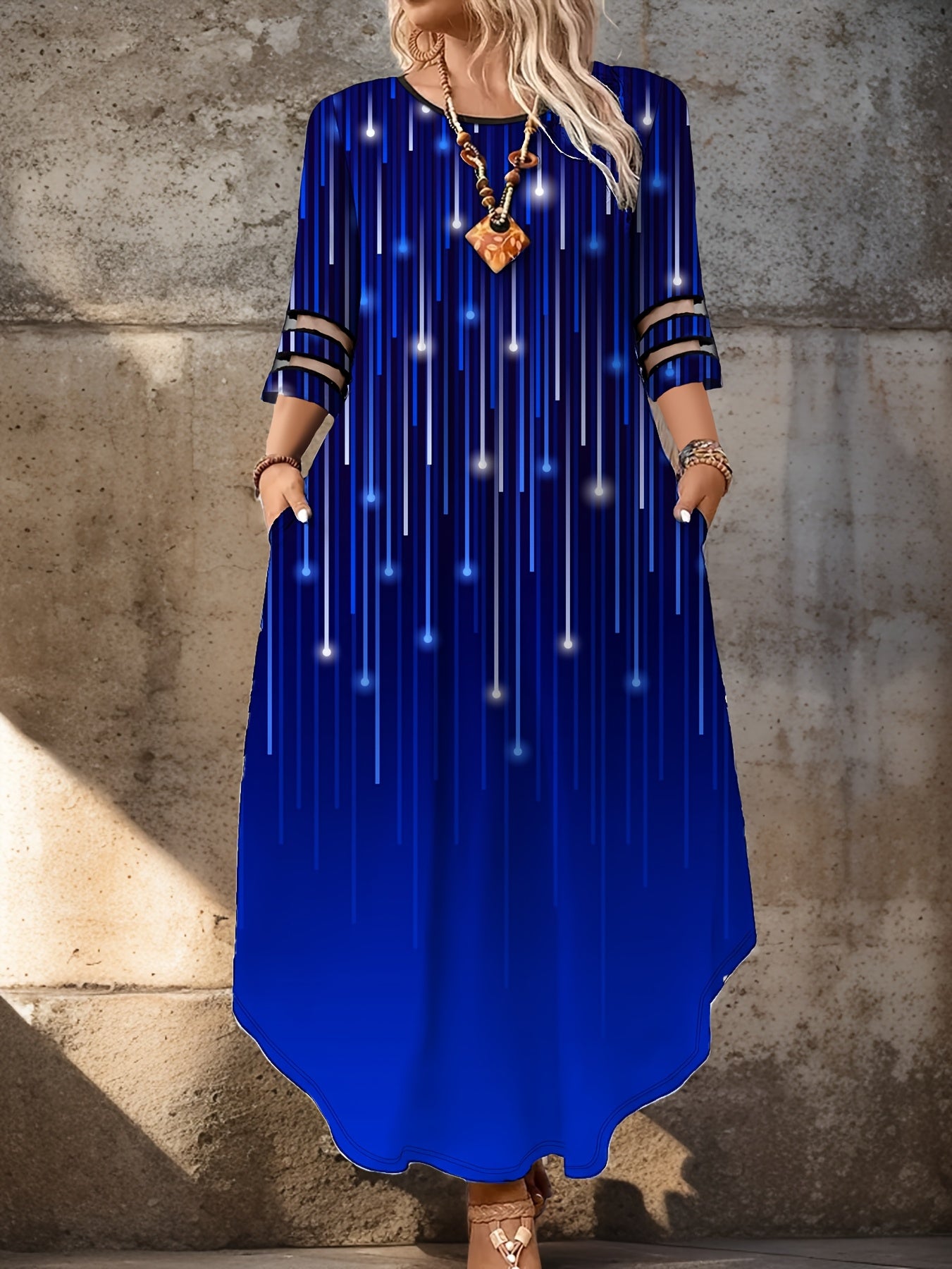 Women's Dress Mesh Panel Striped Starry Print Crew Neck 3/4 Sleeves