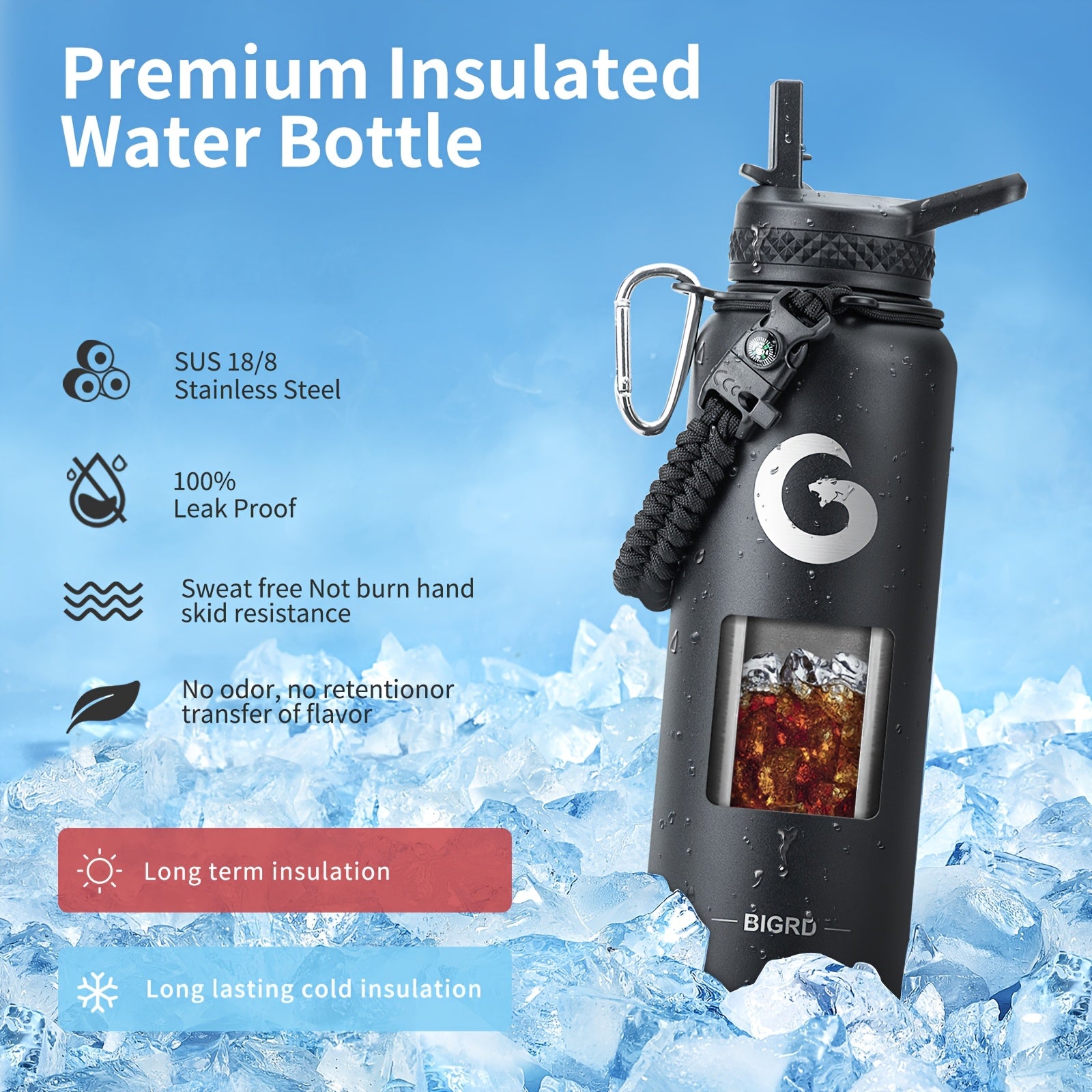 Insulated Water Bottle 40oz/1183ml or 64oz/1893ml Stainless Steel Vacuum with Paracord Handle and Straw Spout