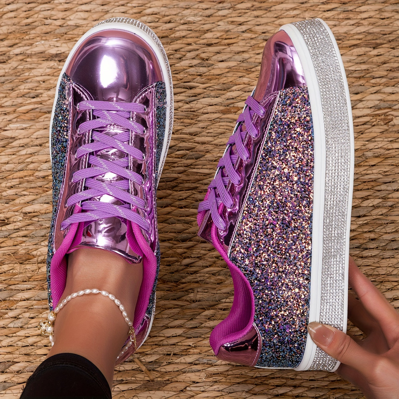 Women's Glitter Skate Shoes Casual Lace-Up Low Top Sneakers