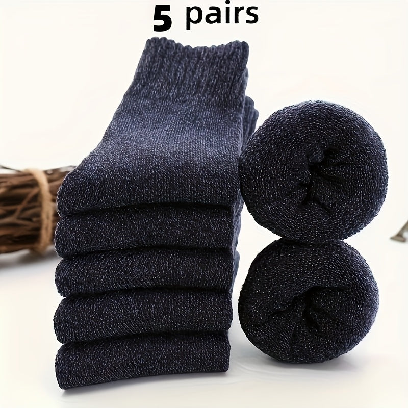 Men's Wool Blend Mid-Calf Winter Socks Set of 5 Solid Colors Warm Casual Gift-Ready