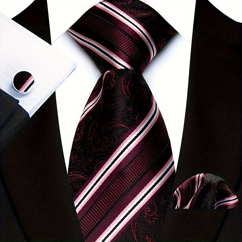 Men's Business Casual Tie Pocket Square Cufflinks Woven Multicolor Stripes Set for Grooms and Groomsmen