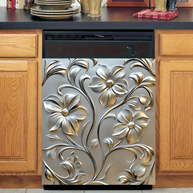 Imán de puerta de lavavajillas de PVC con diseño floral metálico 58.5x65cm, a prueba de agua y manchas