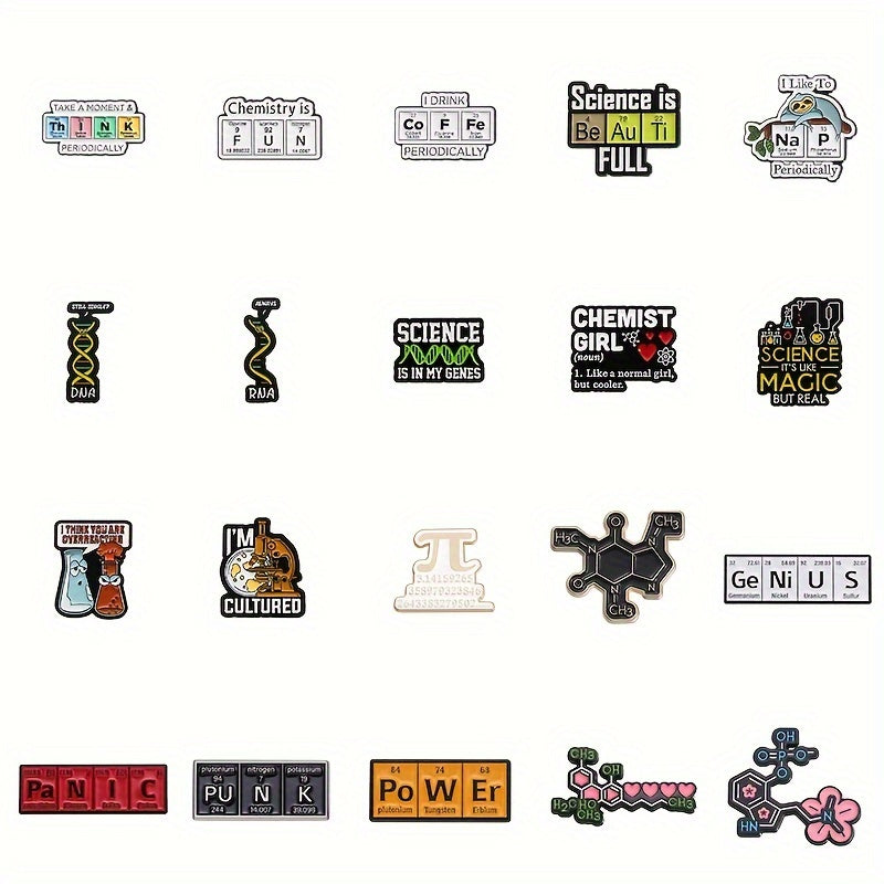 Set of 20 Science Enamel Pins Beakers Gene Chains Elements Lab Brooches for Hats Backpacks