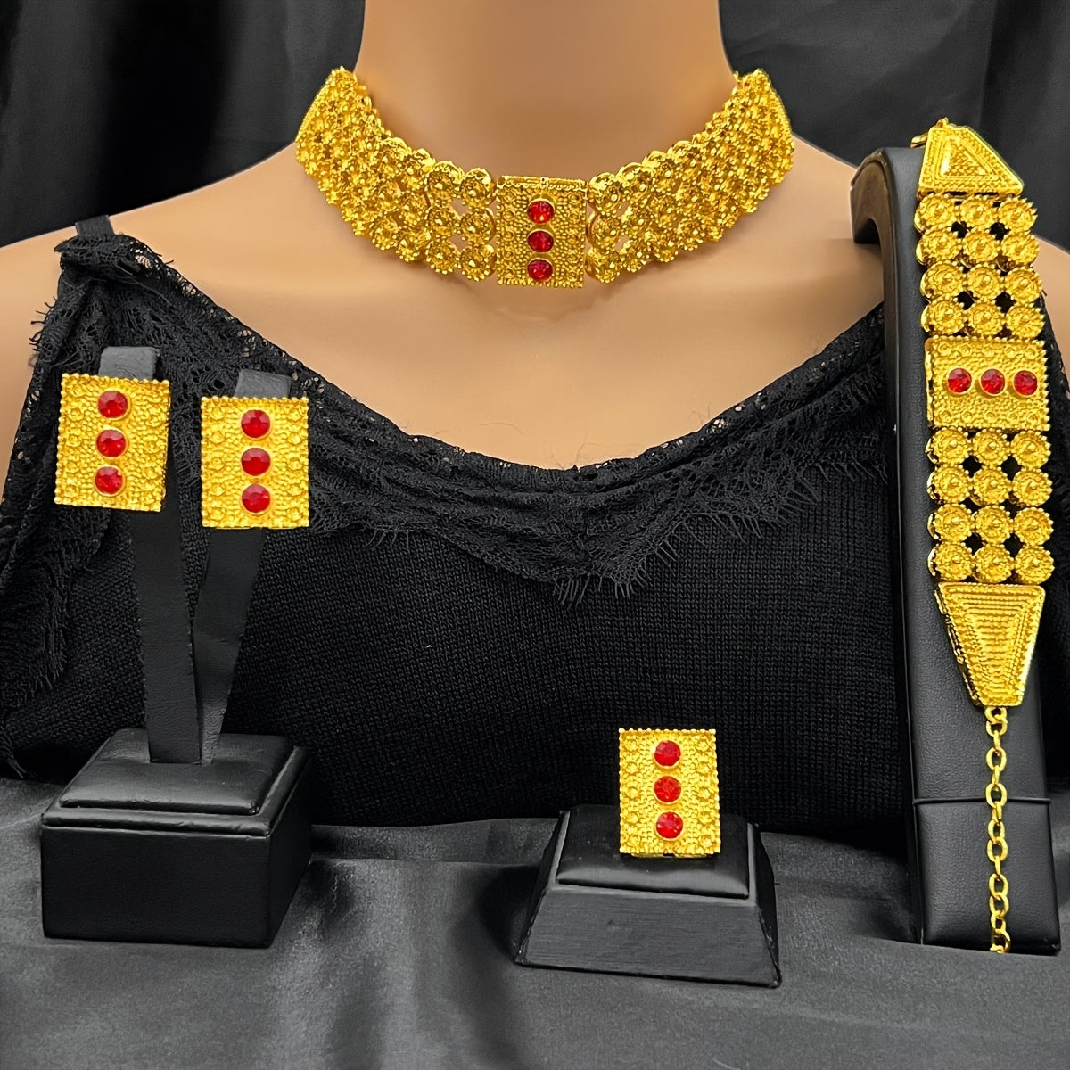 Set of 4 Boho Tribal Jewelry Pieces Necklace Earrings Ring Bracelet 24K Gold Plated Synthetic Zirconia