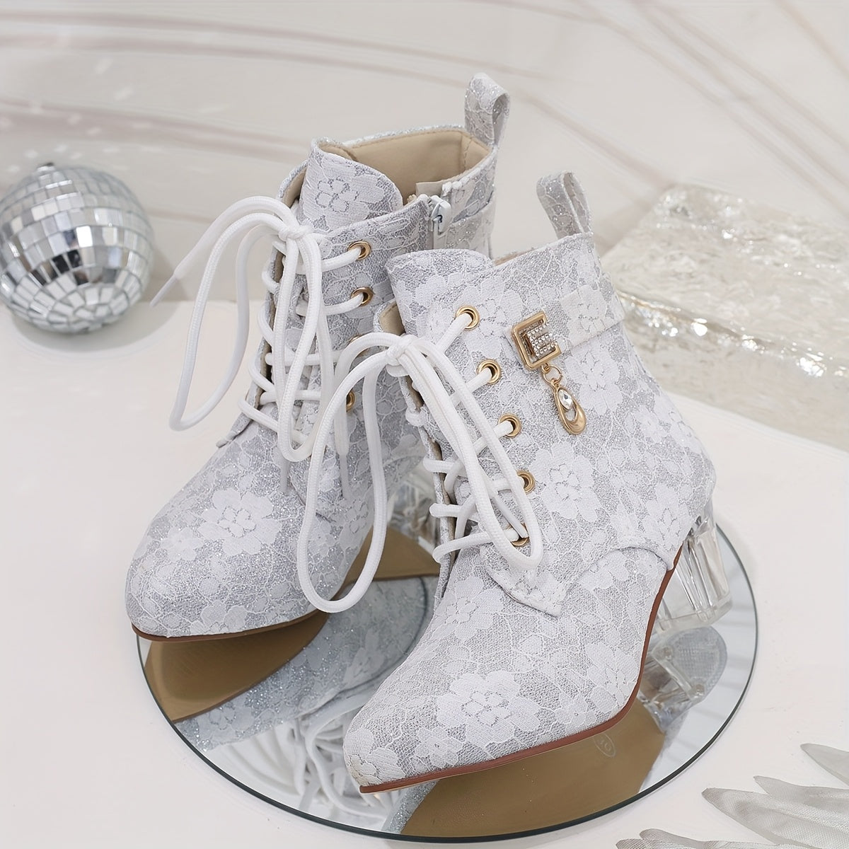 Women's Floral Lace-Up Chunky Mid-Heel Ankle Boots with Pointed Toe