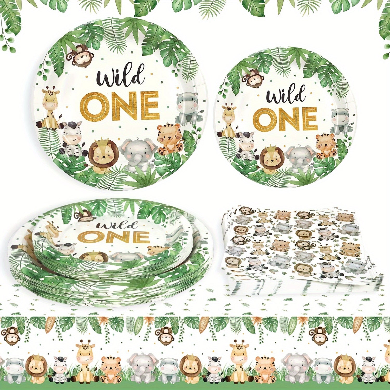 Wild Jungle Birthday Decorations Set 68 Pieces Paper Plates Cups Napkins for First Party