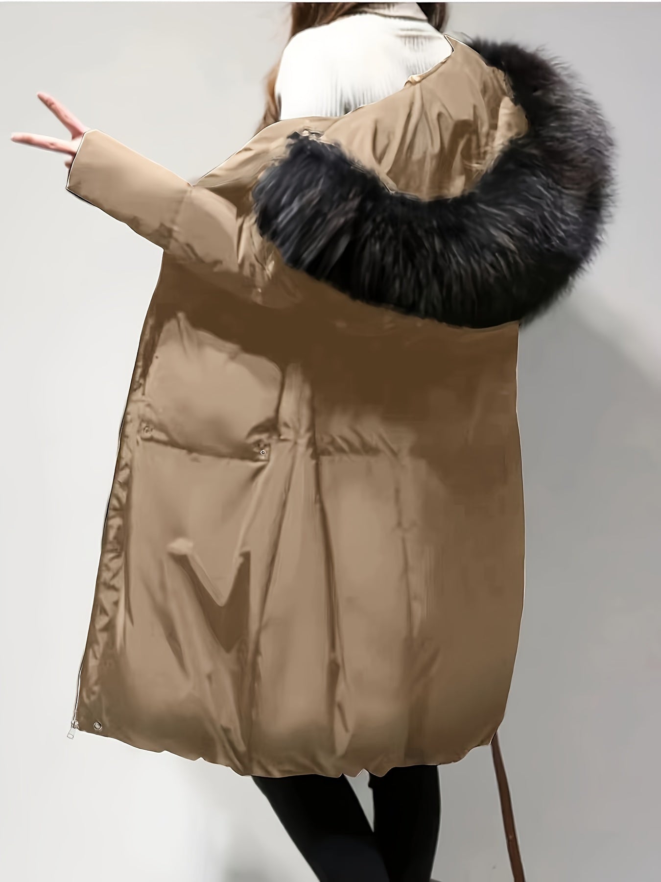 Winter Long Coat with Hood Faux Fur Trim Solid Color Polyester Casual Warm Outerwear