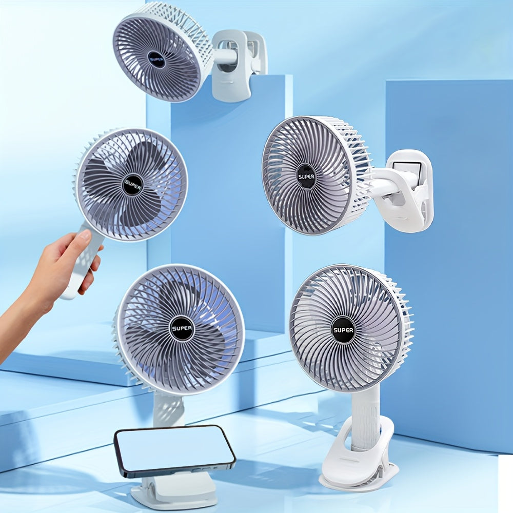 Rechargeable USB Fan with Detachable Foldable Handheld Clip-On Tabletop Design
