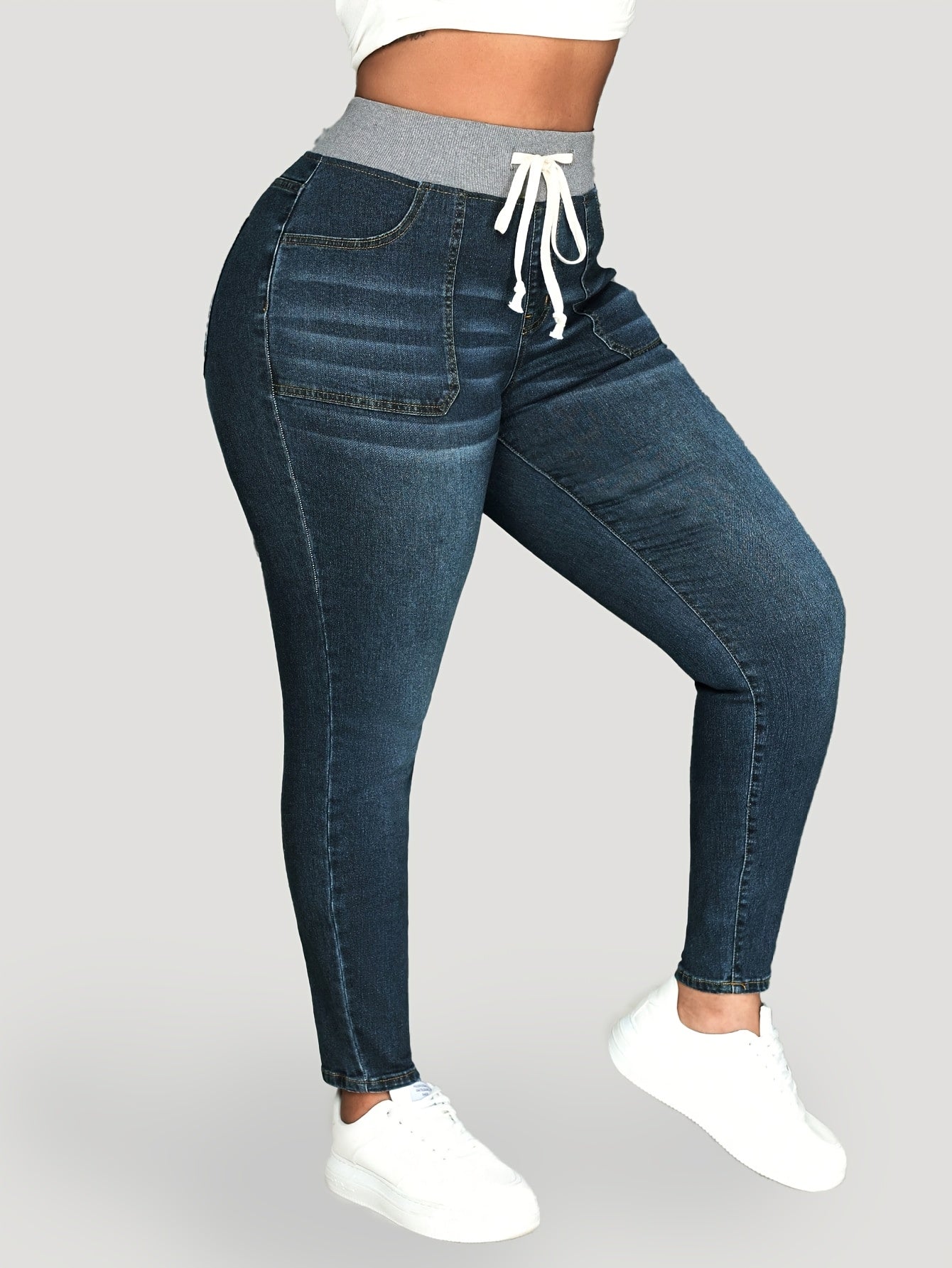 Женские джинсы из эластичного денима с шнурком на поясе, облегающий крой, повседневные, для всех сезонов