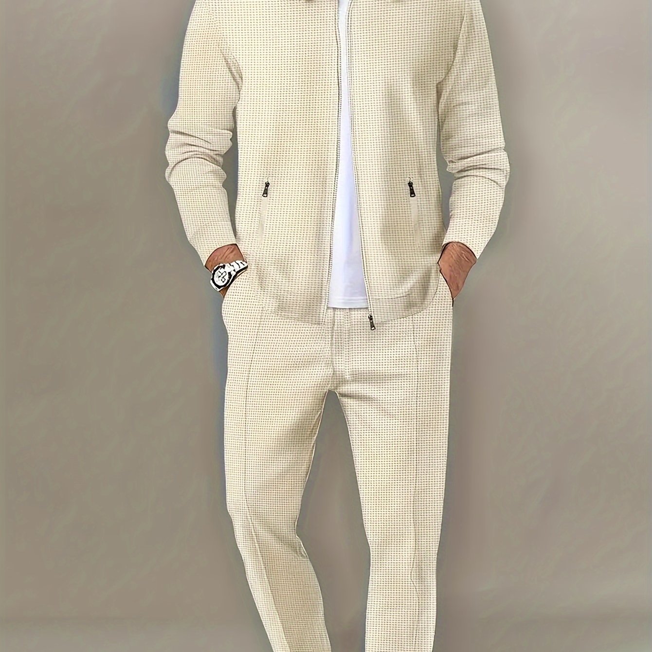 Men's Lightweight Polyester Casual Sportswear Set Zip-Up Jacket and Pants for Leisure Hiking and Daily Wear